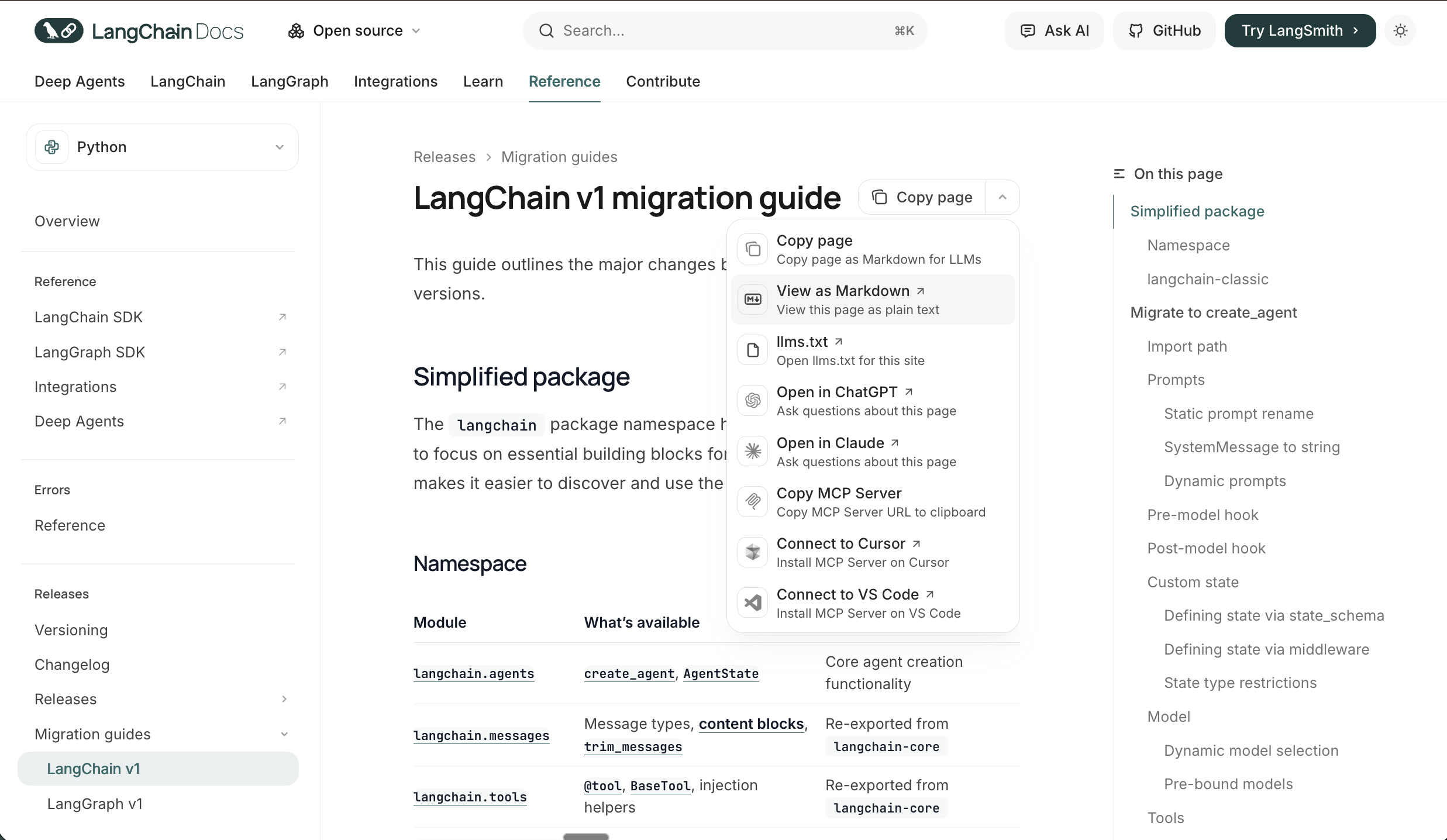 Screenshot of the LangChain docs site showing the